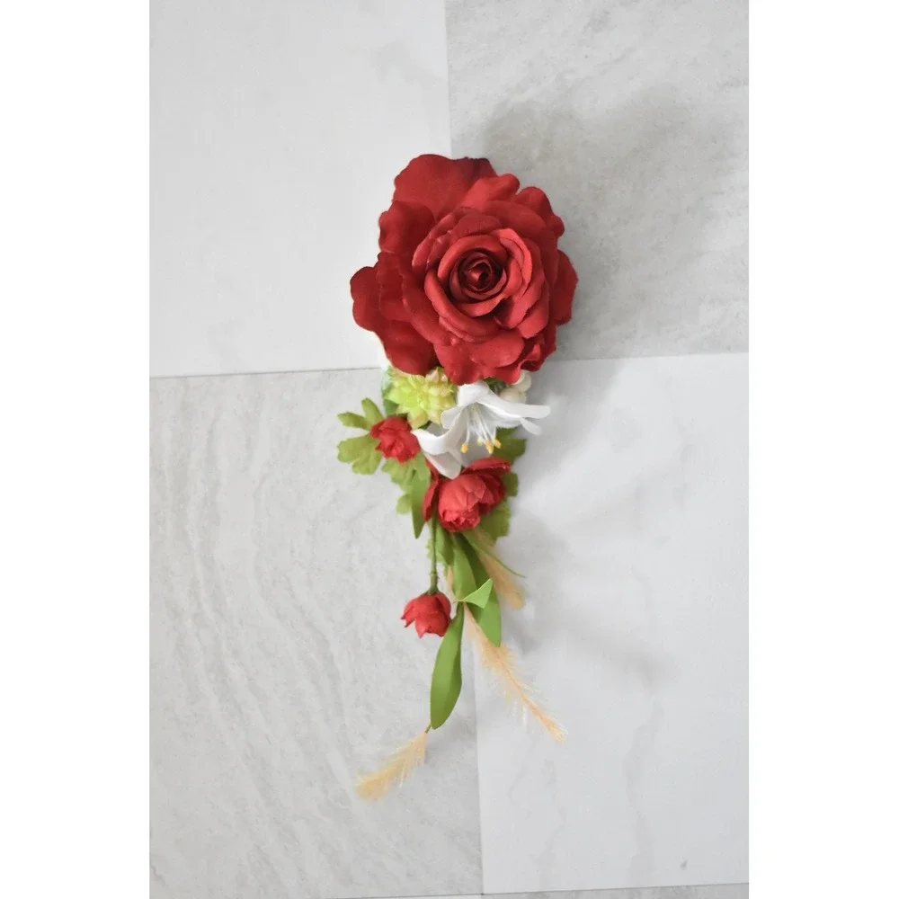 Handmade Floral Hair Clip Women OS Red Modern Rose Lily Cascading Alligator Clip